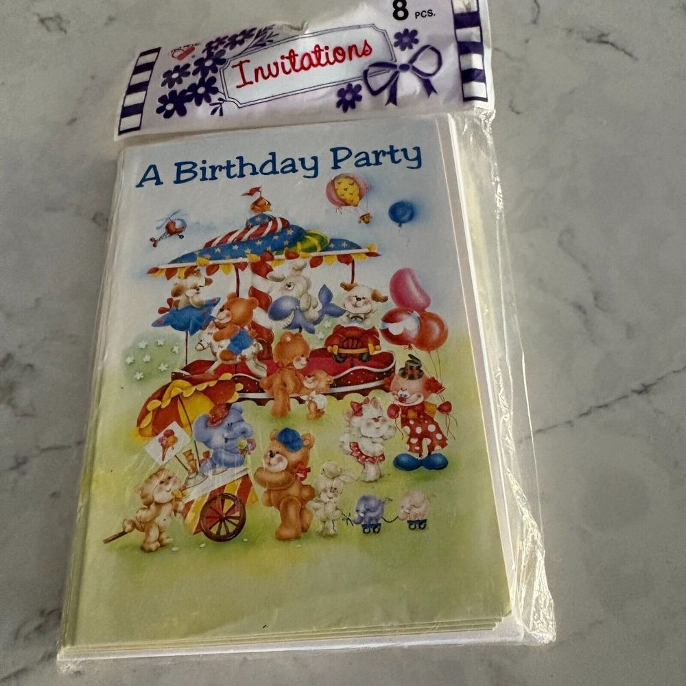Birthday Party Teddy Bears Merry-Go-Round Invitations with Envelopes - 8 Pack